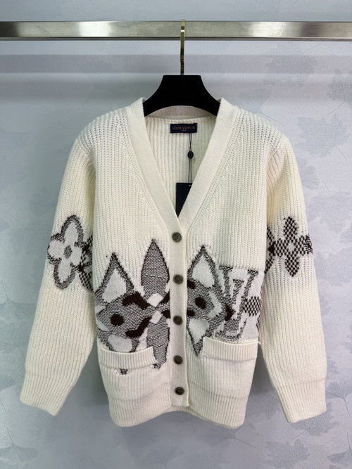Louis Vuitton V - Neck Knit Cardigan with Four - Leaf Clover Jacquard, Comfortable and Stylish