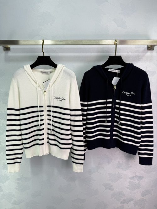 Dior Custom Wool Yarn Knit Zip Hoodie with Stripes and Logo Embroidery