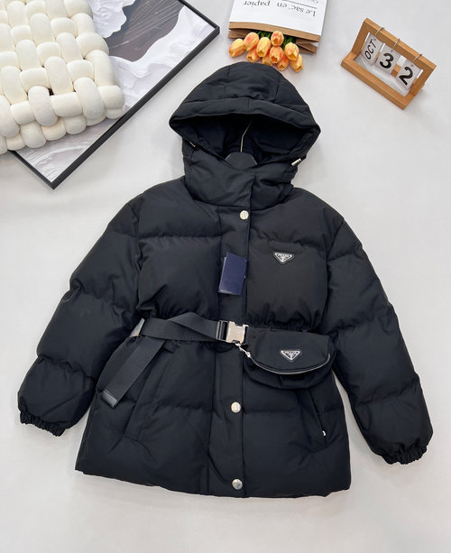 Prada Classic Hooded Waist-Cinched Down Jacket