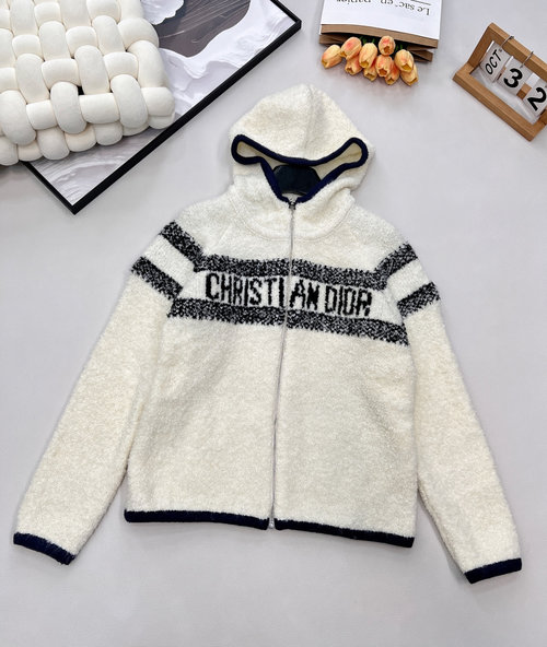 Dior Cozy Lamb Wool Open Cardigan with Classic Embroidery for Elegance