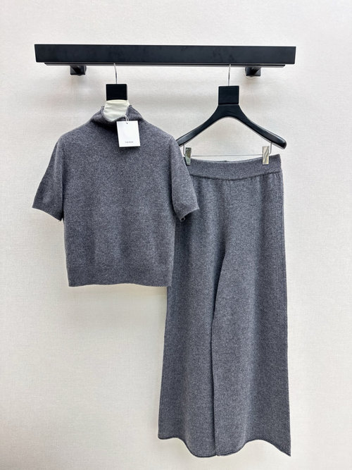 The Row Minimalist Wool Suit with High-Collar Sweater and Straight Pants