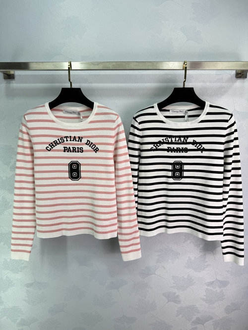 Dior Striped Knit Long-Sleeve Top with 8-letter Embroidery, Soft Fabric