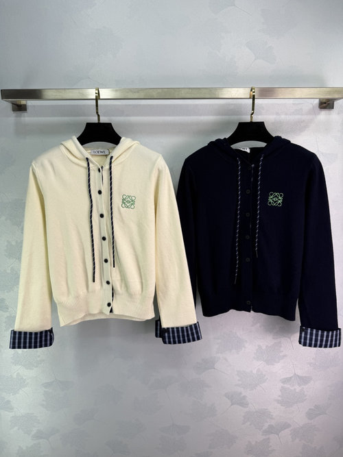 Loewe Hooded Knit Cardigan with Totem Logo, Soft and Vintage