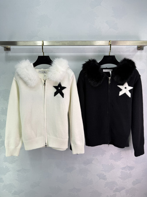 Dior Star Embroidery Furry Hooded Knit Open Cardigan, Soft and Elegant