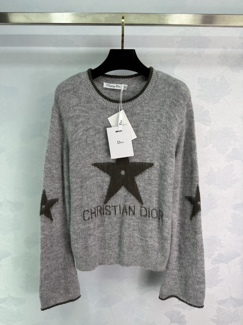 Dior Star-Embroidered Bell-Sleeve Sweater with Classic Round Neck