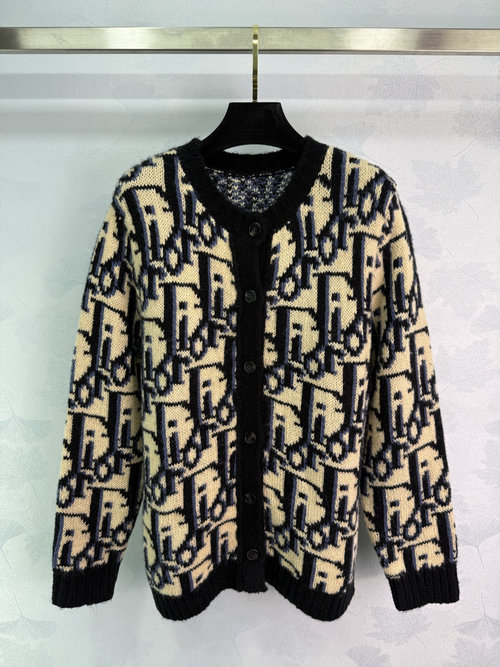 Dior Classic Letter Jacquard Knit Cardigan with Buttons and Pockets