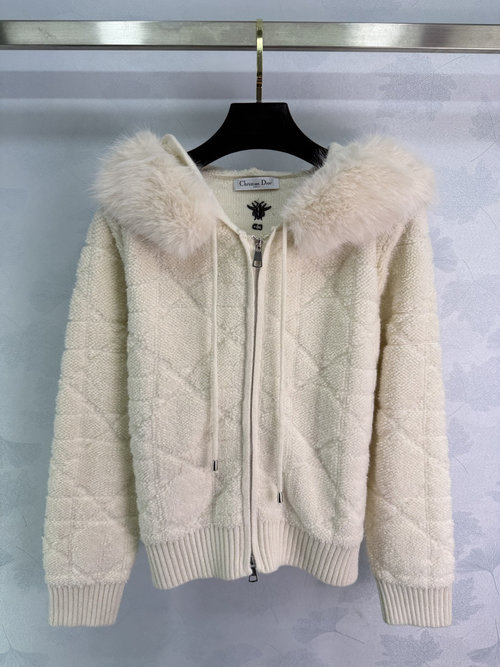 Dior Checked Cardigan with Detachable Fur Collar, Wool Blend