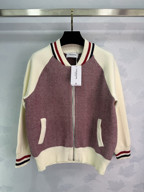 Thom Browne Baseball-Style Knitted Cardigan with Zip and Color-Blocked Design