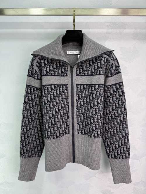 Dior Double-sided Knit Coat with Jacquard and Brand Logo