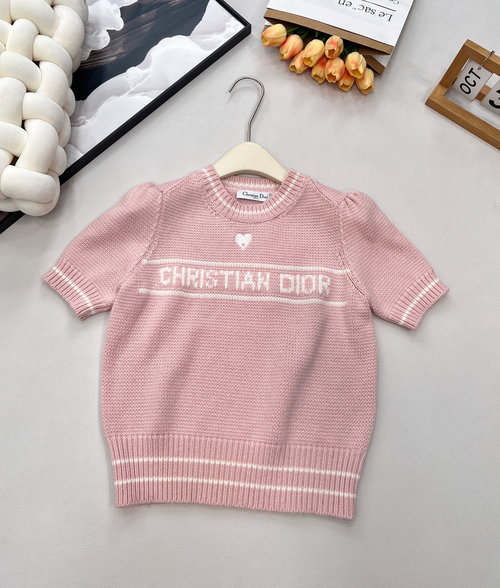 Dior Pink Short-Sleeve Knit Top with 3D Heart Decoration