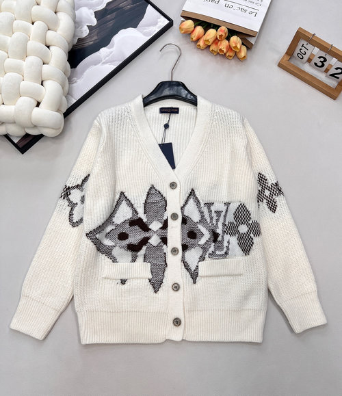 Louis Vuitton V-Neck Knit Cardigan with Colorful Jacquard and Metal Buttons