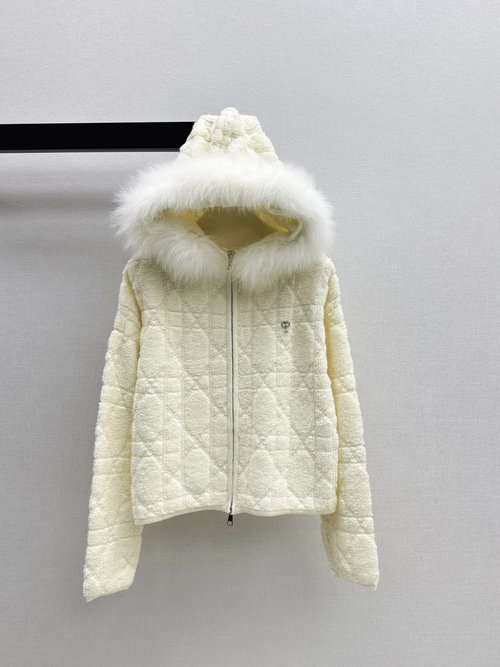 Dior Fox Fur Collar Hooded Cardigan, Elegant and Comfortable