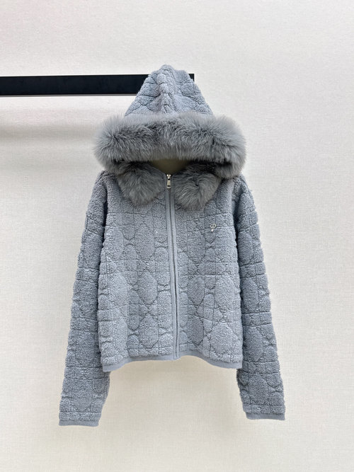 Dior Fox Fur Collar Hooded Cardigan, Elegant and Comfortable
