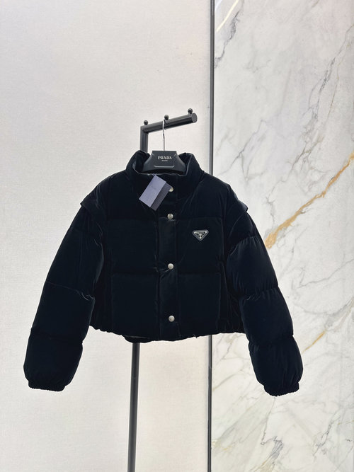 Prada Detachable Sleeve Velvet Down Puffer for Stylish Layering