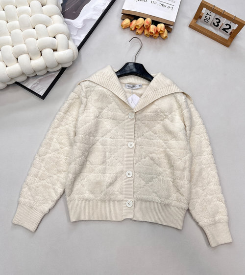 Dior Classic Navy Collar Open-Front Knit Sweater with Vine Stripes