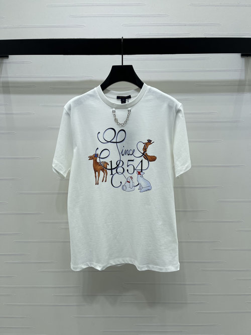 Louis Vuitton Cartoon Animal Print Round Neck T - Shirt with Letter Emblem, Pure Cotton Material