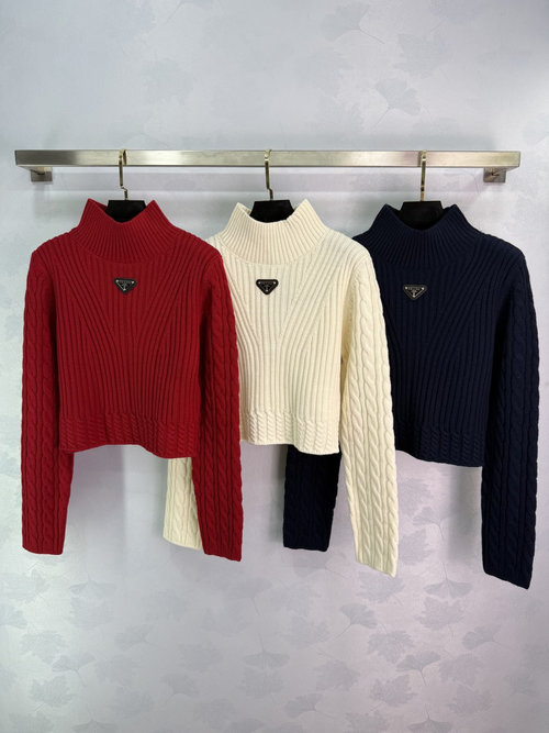 Prada High-Neck Knit Sweater with Triangle Logo