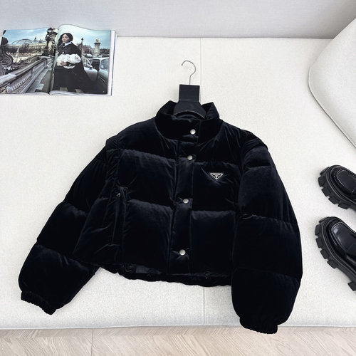 Prada Detachable Sleeve Velvet Down Jacket, Street Style