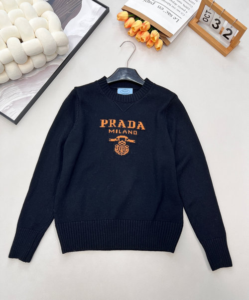 Prada Loose Fit Pullover Sweater with Letter Jacquard Design, Soft and Luxurious