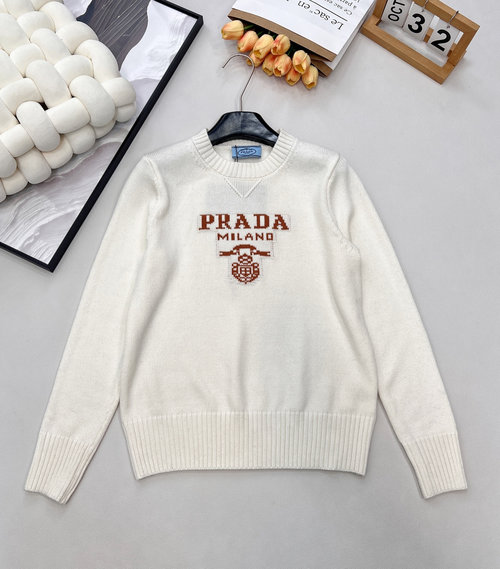 Prada Loose Pullover Sweater with Letter Jacquard Design, Soft and Adaptable