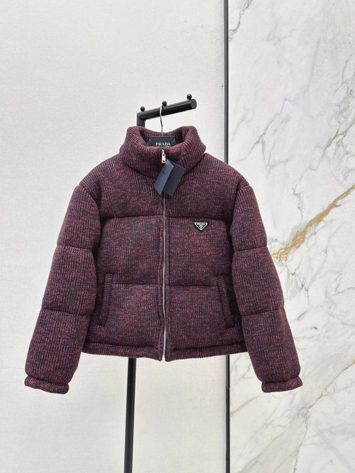 Prada Wool Knit Down Bread Coat with Iconic Logo