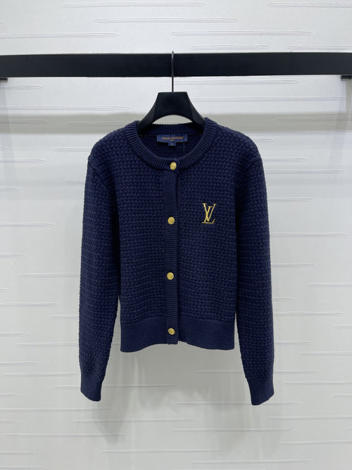 Louis Vuitton Embroidered Round-Neck Knitted Cardigan, Soft Wool with Gold Logo