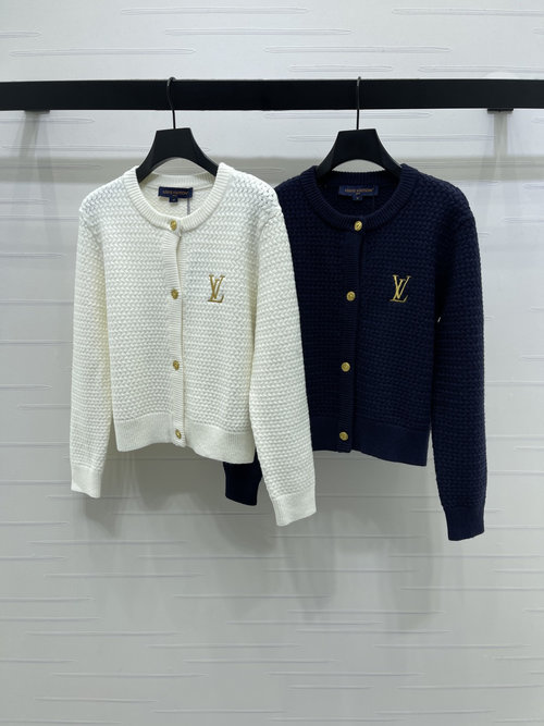 Louis Vuitton Embroidered Round-Neck Knitted Cardigan, Soft Wool with Gold Logo