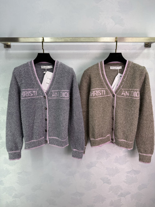 Dior Crochet Letter V - Neck Long Sleeve Cardigan in Custom Wool Mohair Yarn, Presenting an Elegant Style