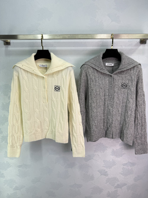 Loewe Turn - Down Collar Cable Knit Cardigan Sweater Created with Custom Wool Yarn, Warm and Textured