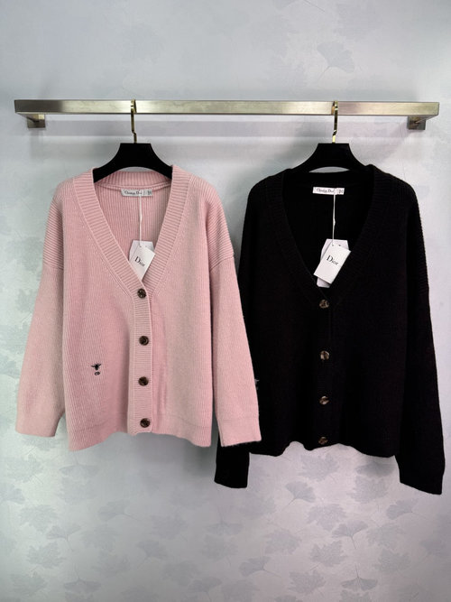 Dior V - Neck Cardigan with Custom Wool Yarn, Embellished with Embroidered Bee, Stylish and Slimming