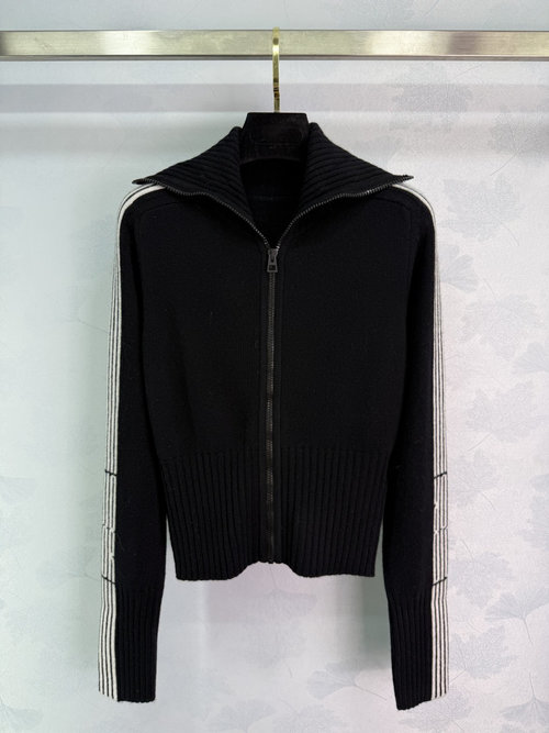 Dior Zippered Collar Knitted Long Sleeve Sweater with Striped Sleeves