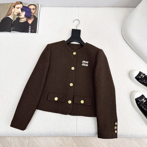 Miu Miu Retro Brown Round - Neck Coat with Contrast Embroidery