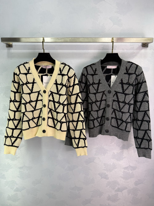 Valentino Double V-Logo Knit Cardigan made of Soft Material with Checkerboard Pattern