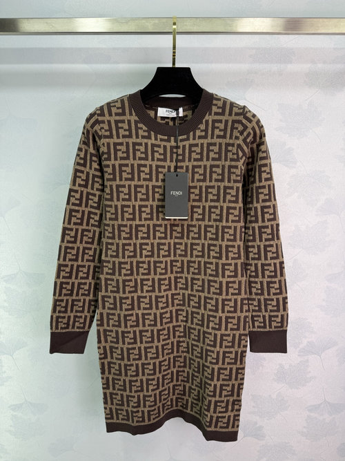 Fendi Classic Double F Logo Knit Long - Sleeve Dress, Sophisticated and Trendy