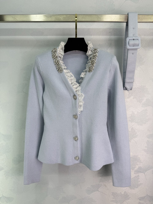 Roger Viver Light Blue V-Neck Knitted Cardigan with Lace Trim and Crystal Accents