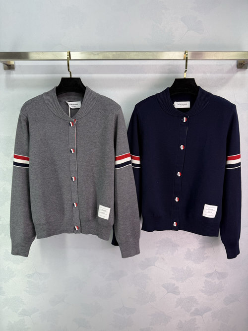 Thom Browne Double - Sleeve Striped Knit Open Cardigan with Baseball Collar