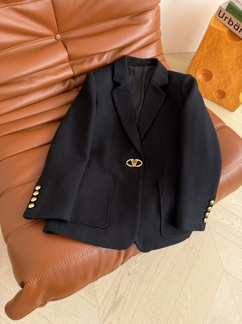 Valentino Chic Wool Blazer with V-Shaped Metal Buckle, Thick and Warm