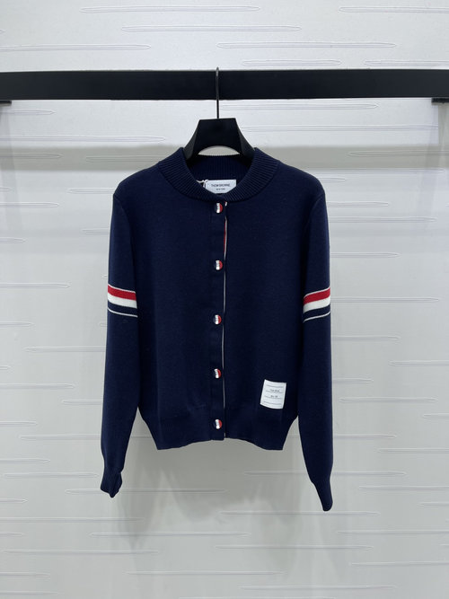 Thom Browne Round Neck Long Sleeve Knit Cardigan with Stripes, Latest Collection