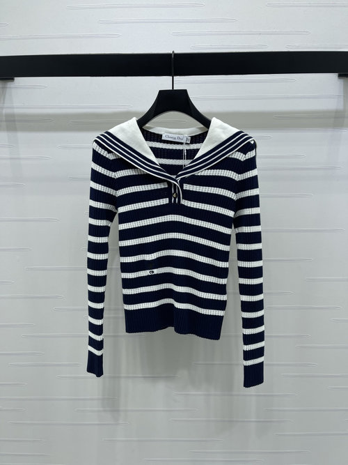 Dior Shawl Collar Striped Knit Top with Letter Embroidery
