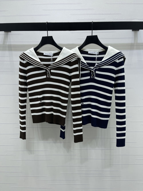 Dior Navy-style Shawl Collar Striped Knit Top