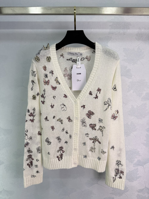 Dior V-Neck Knit Cardigan with Butterfly Embroidery