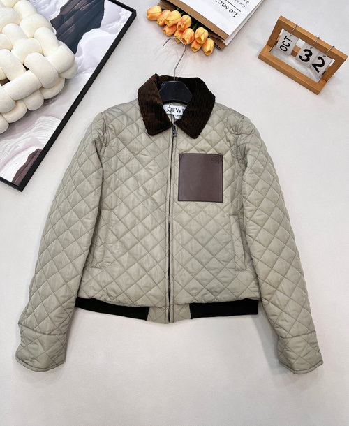 Loewe Corduroy Collar Quilted Cotton Jacket with Leather Patch