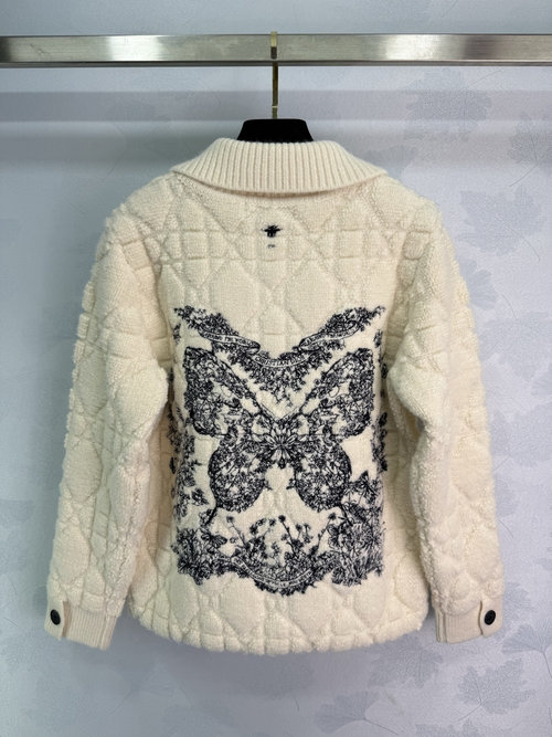 Dior Plaid Collar Cardigan with Butterfly Embroidery