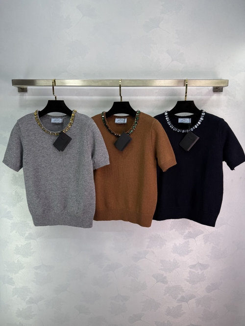 Prada Short Sleeve Knit Top with Beaded Neckline for Everyday Sophistication