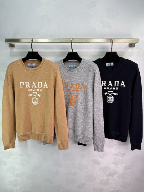 Prada Knitted Round Neck Pullover with Color-block Embroidered Brand Mark