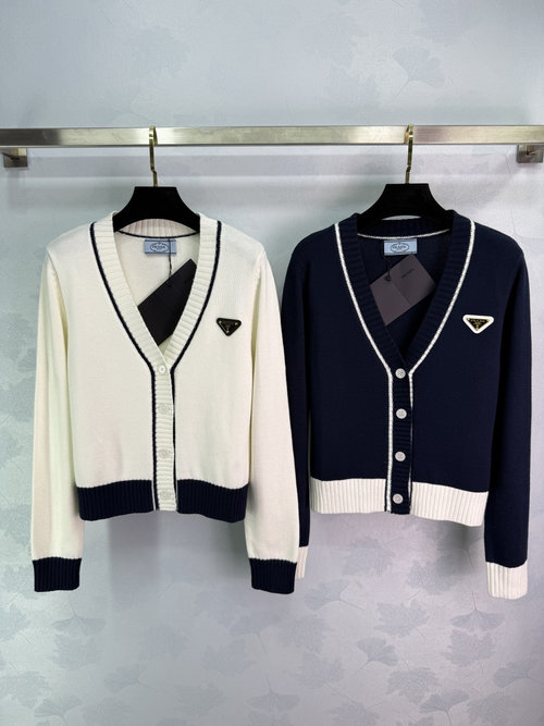 Prada Contrast Knit Cardigan with Triangle Logo for a Stylish Appearance