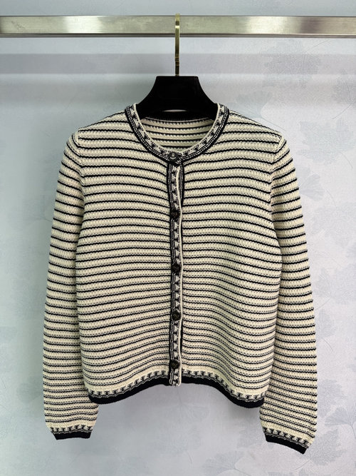 Dior Round Neck Striped Knitted Cardigan: Custom Cotton Yarn, Soft and Comfortable, Anchor Button