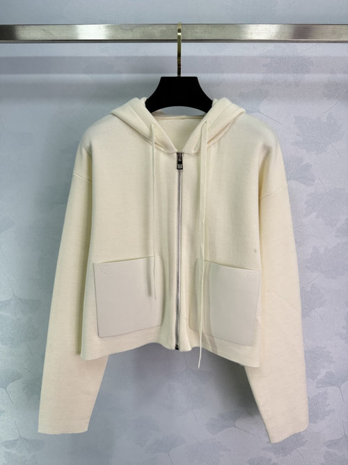 Loewe Hooded Zip-Up Knit Long Sleeve Cardigan, Pure Color with PU Pockets for Middle-Aged
