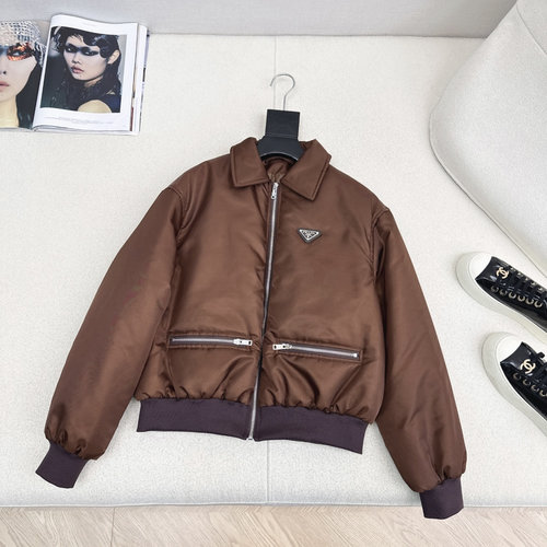 Prada Lapel Cotton Jacket with Metal Triangle Logo, Classic Baseball Style, Mature Aesthetic