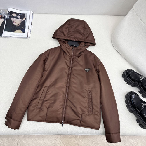 Prada Hooded Cotton Jacket with Metal Logo, Stylish and Lightweight Build